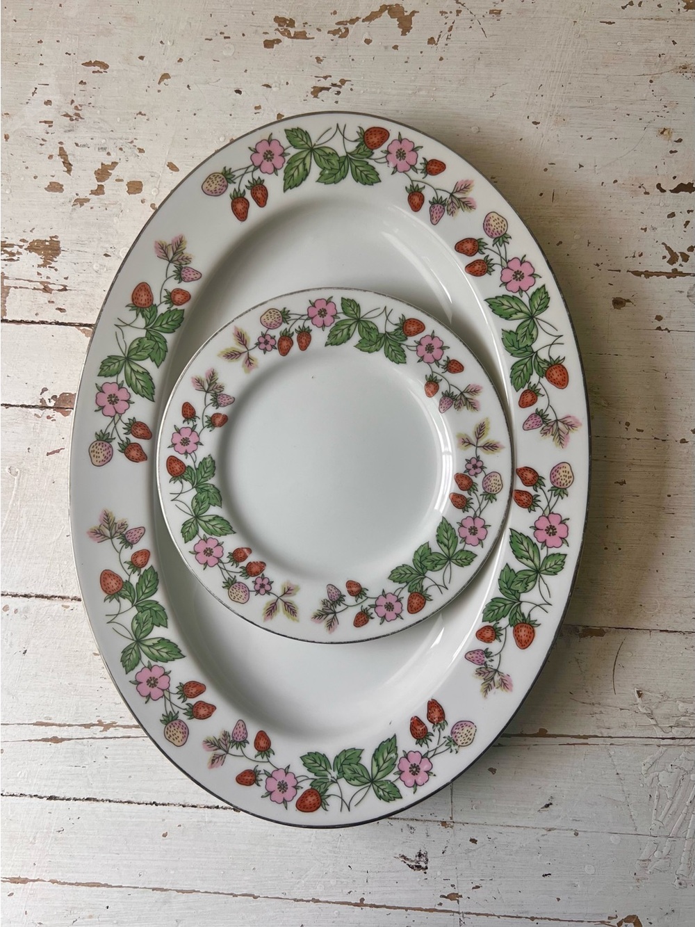Vintage White Strawberry Floral Porcelain Serving Platter and Plate Set